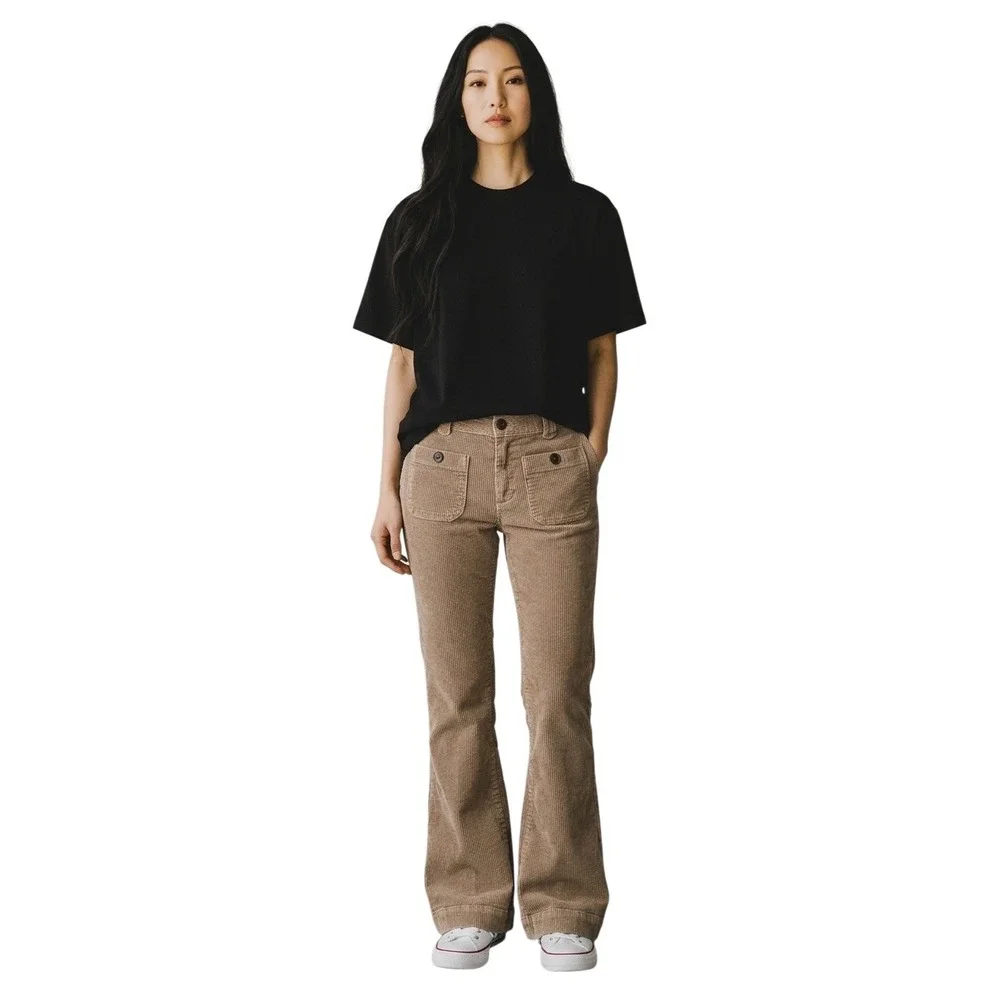 Free People Tan Corduroy Flare Pants Brown Boho Patch Pocket Size 4